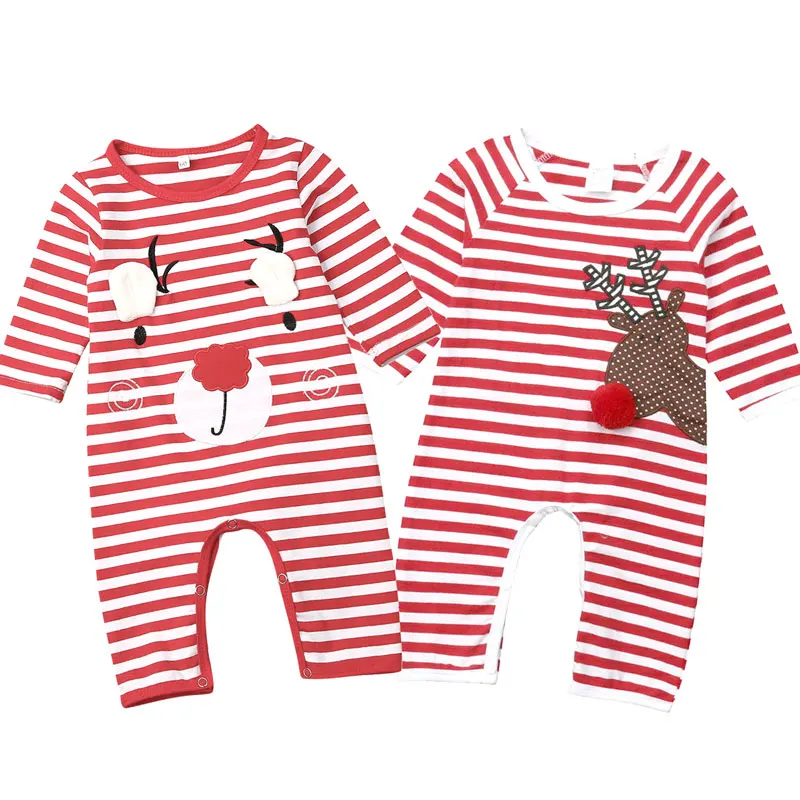 Рождественские боди для новорожденных мальчиков и девочек от 0 до 24 месяцев, комбинезон в полоску с рисунком оленя, одежда с длинными рукавами рождественские костюмы для малышей