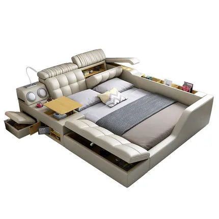 Genuine Leather multifunctional massage bed frame modern Nordic camas ultimate bed With storage LED light Bluetooth speaker safe