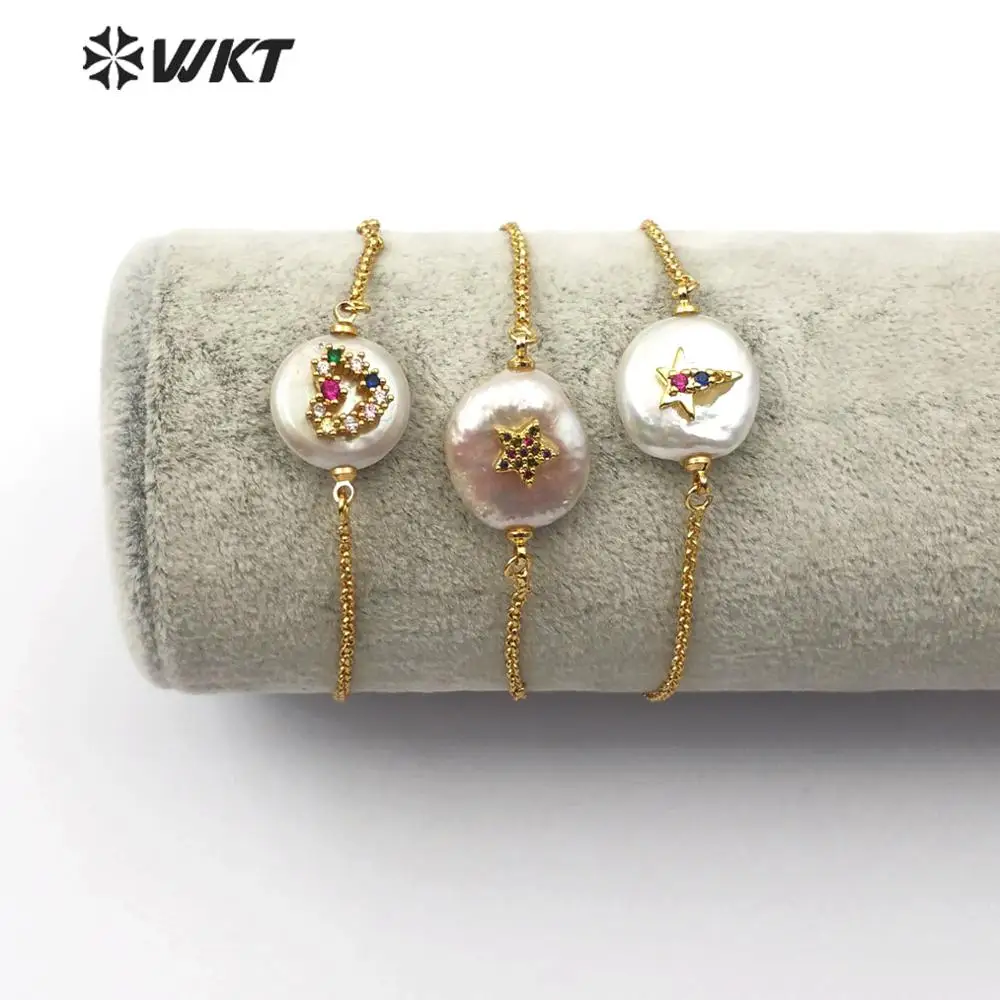 

WT-MB113 WKT Natural Pearl ＆CZ Pave Stars,Heart Shape Gold Electroplated Bracelet Women Fashion Charm Bracelet Jewelry