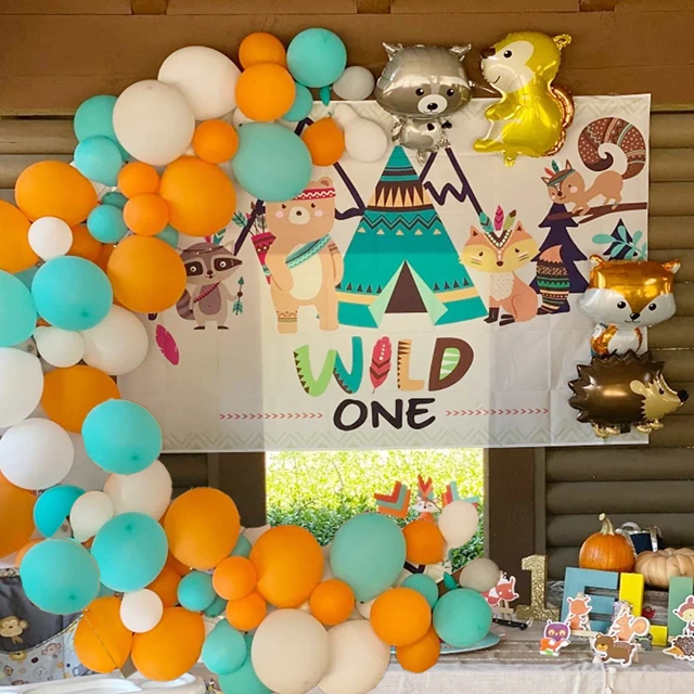 Fox Themed 1st Birthday Party Decorations, Woodland Fox Baby 1st Birthday,  Orange Blue Balloon Arch Fox Number 1 Foil Balloons, Fox Happy Birthday