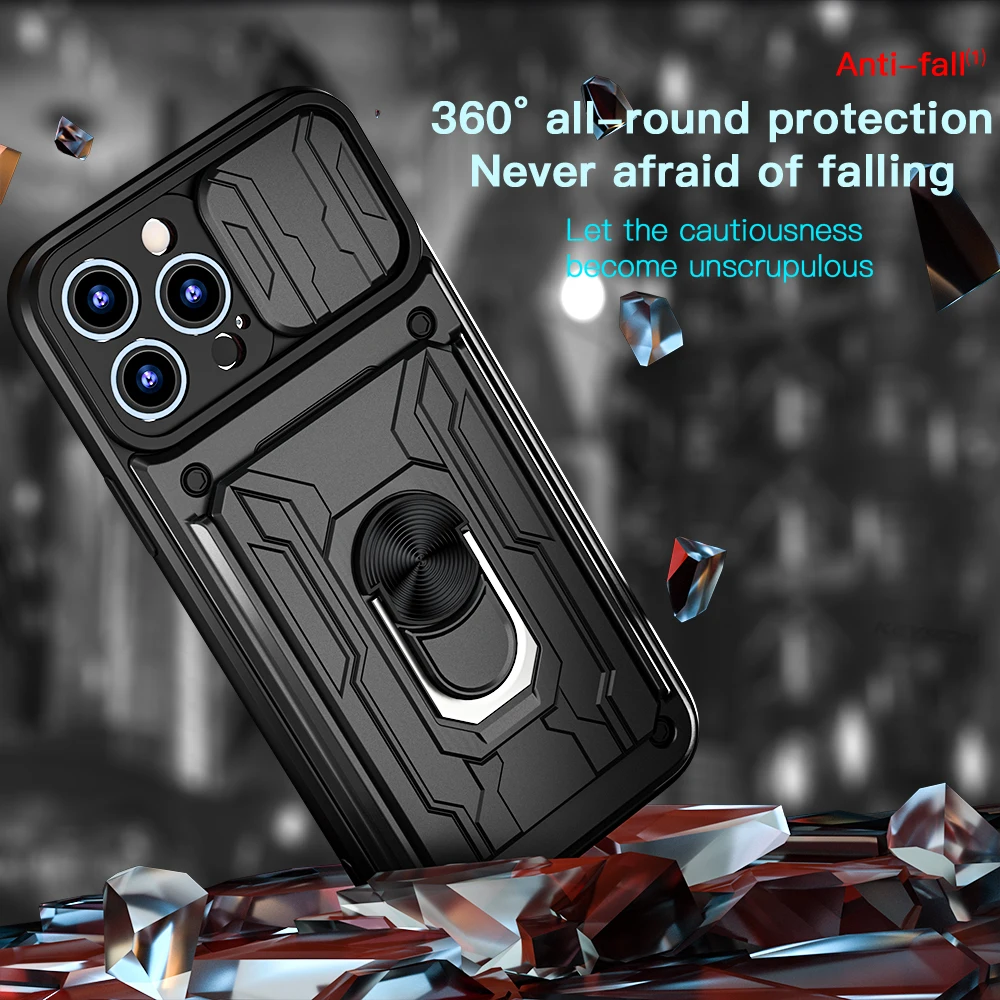 KEYSION Shockproof Case for iPhone 13 12 11 Pro Max 카드 슬롯 링 스탠드 카메라 보호 전화 커버 iPhone XR XS Max
