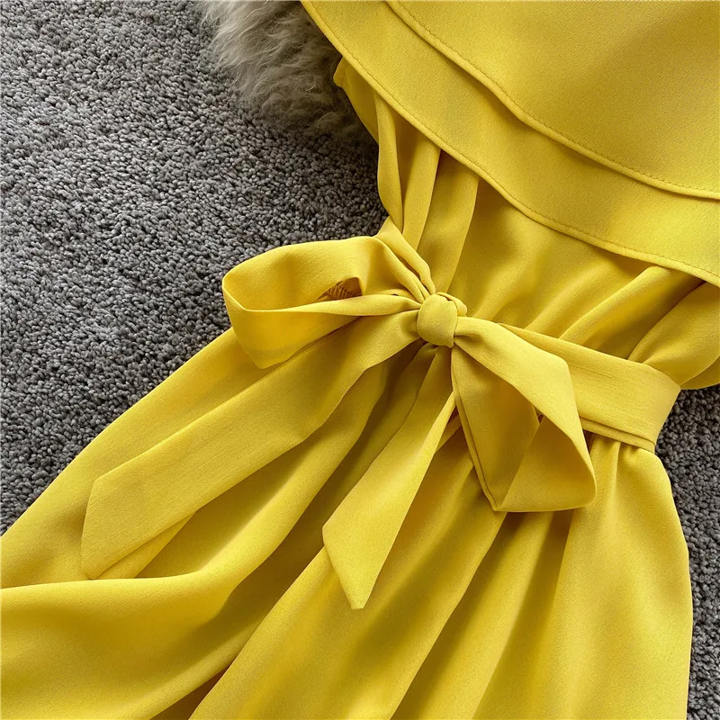 SINGRAIN Summer Women Off Shoulder Dress Bohemian Romantic Ruffle Sundress Party Holiday A-Line Retro Solid Chiffon Beach Dress