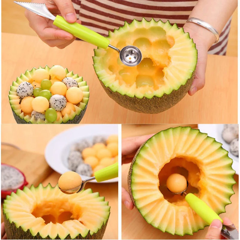 Corrugated Carving Knife Ball Digger Kitchen ToolsTwo-Purpose Fruit Utensil Stainless Steel Watermelon Ice Cream Fruit Spoon