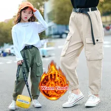 Брюки для девочек; детские брюки в Корейском стиле; брюки-карго; уличная одежда для девочек; брюки с высокой талией; зимняя теплая одежда; походные брюки