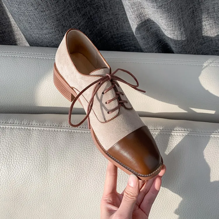 

Korean-style Low Heel Shoes Women's Spring And Autumn New Style Mixed Colors Square Head WOMEN'S Shoes Lace-up Chunky-Heel Onlin