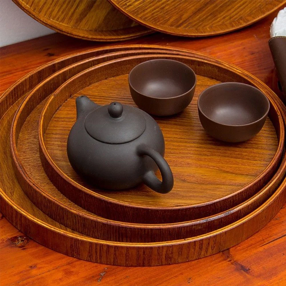 Retro Round Tea Accessories Plate Wooden Fruit Dishes Platter Food Tea Tray Natural Bakery Serving Tray Kitchen Tools 3 Sizes