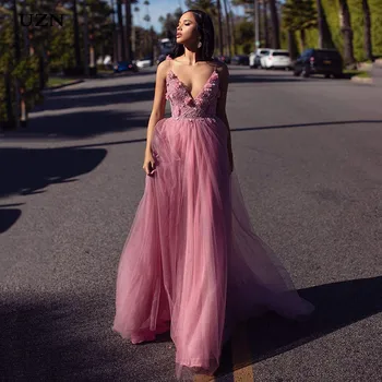 

UZN Dirty Pink Spaghetti Strap Prom Dresses Longo V Neck Girl Party Dress With 3D Flowers Backless Party Prom Gowns 2020