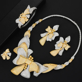 

GODKI Luxury 4pcs Big Bow Wedding Necklace Bangle Earring Ring Set For Women Full Cubic Zircon Bridal Jewelry Sets pendientes