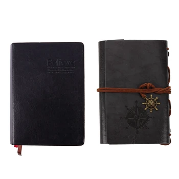 

HOT-2 Pcs Retro Vintage Leather Bound Blank Pages Journal Diary Notepad Notebook (Black & Gold)