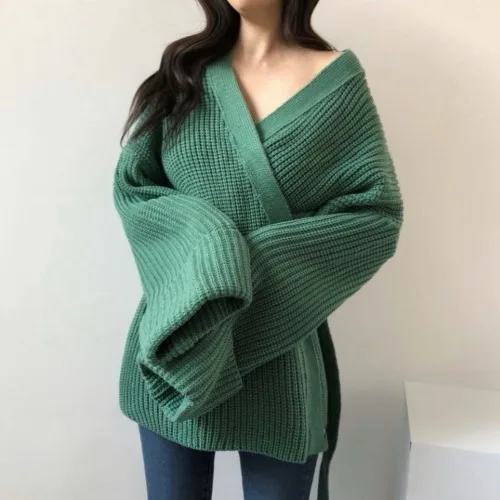 green Neploe, шикарный, средней длины, свободный, Сумасшедший стиль, Sueter Mujer Inverno, v-образный вырез, тонкая талия, на шнуровке, однотонный, вязаный свитер, однотонный, для женщин, 47628 - Цвет: green