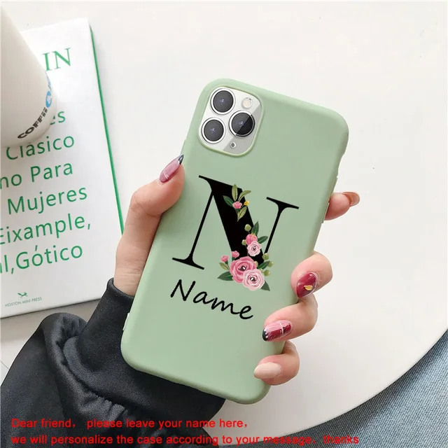 Flowers Diy For iphone 11 12 13 Pro Mini Phone Case Custom Capital Letters Name For X XS Max XR 7 8 Plus SE New Silicone Cover mint diy name