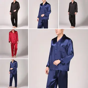 

Summer Mens Pajama Set Imitation Silk Pajamas Men Sleepwear Print Shirt Long Sleeve Top Long Pants Sleepwear Sexy Men Nightwea