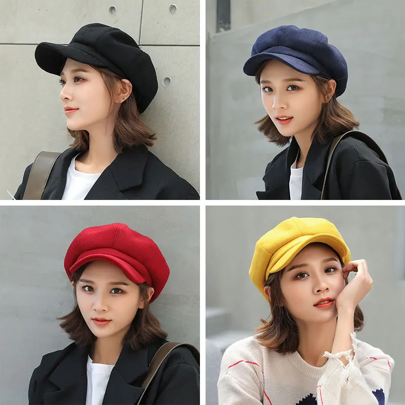 

2019 Women Cap Visor Hat England Solid Cute Casual Woolen Octagonal Cap Stylish Artist Painter Newsboy Beret Hat Women's visors