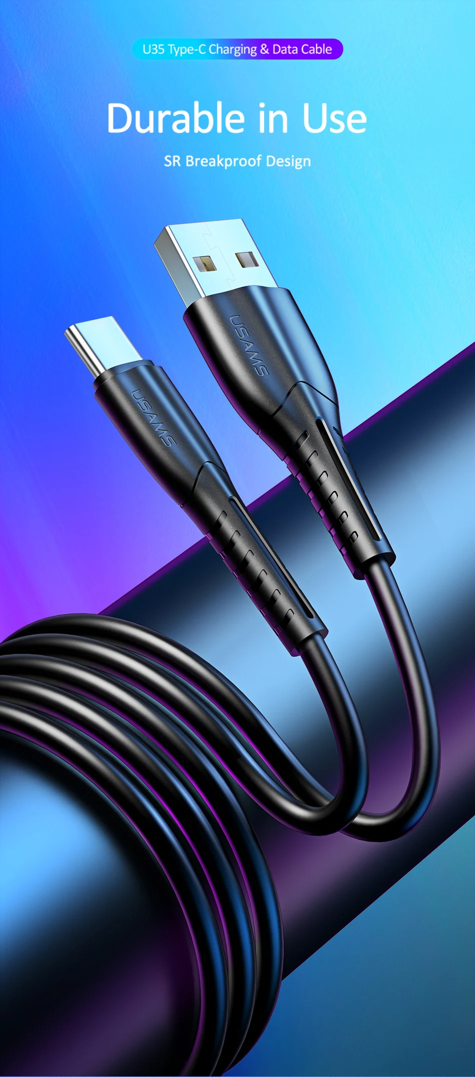 USAMS type-C кабель 1 м USB C кабель для samsung S9 S8 huawei Xiaomi 2A Быстрая зарядка USB-C кабель передачи данных type-C зарядное устройство