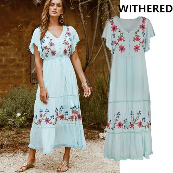 

Withered bohemian indie folk vintage floral embrodiery holiady party dress women vestidos de fiesta de noche vestidos maxi dress
