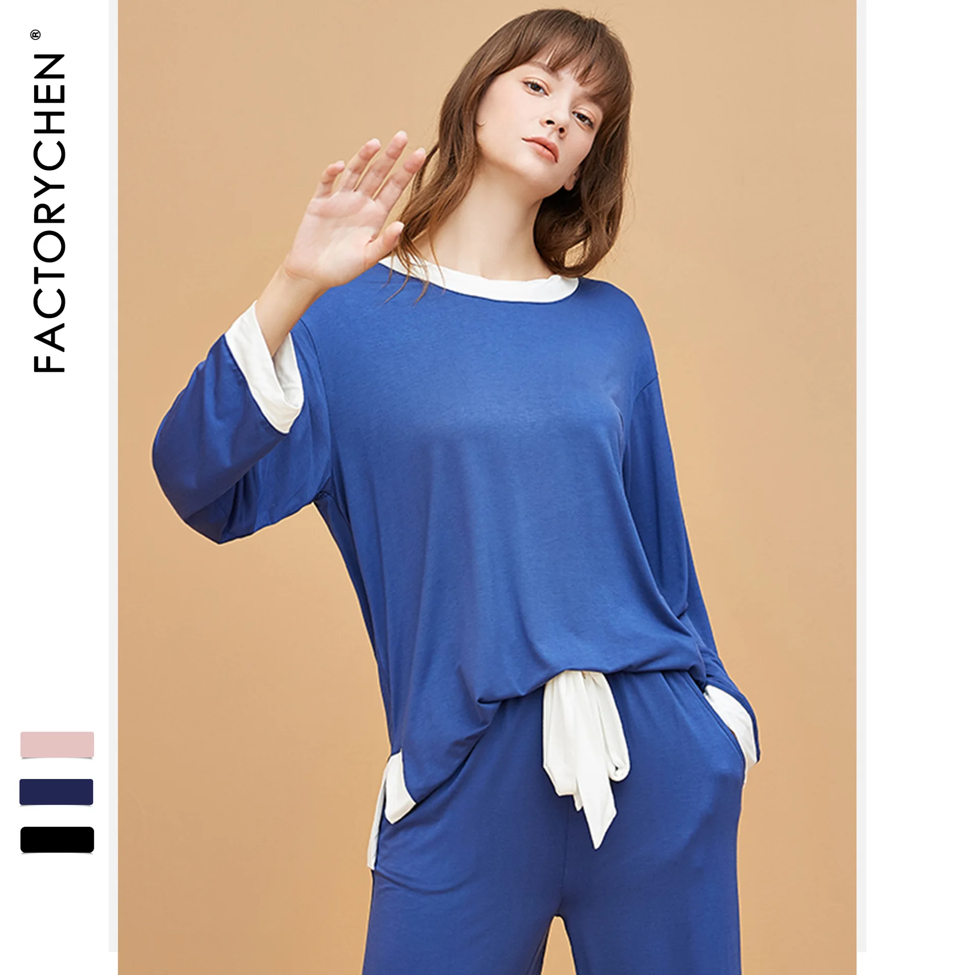 JRMISSLI, домашняя одежда большого размера, повседневные наборы пижам с длинным рукавом, хлопковый модальный костюм для сна, женская пижама на осень и зиму - Цвет: Синий