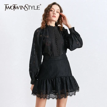 

TWOTWINSTYLE Elegant Two Piece Set Women V Neck Lantern Long Sleeve Shirt High Waist Ruffles Ruched Skirt Hollow Out Suit Female