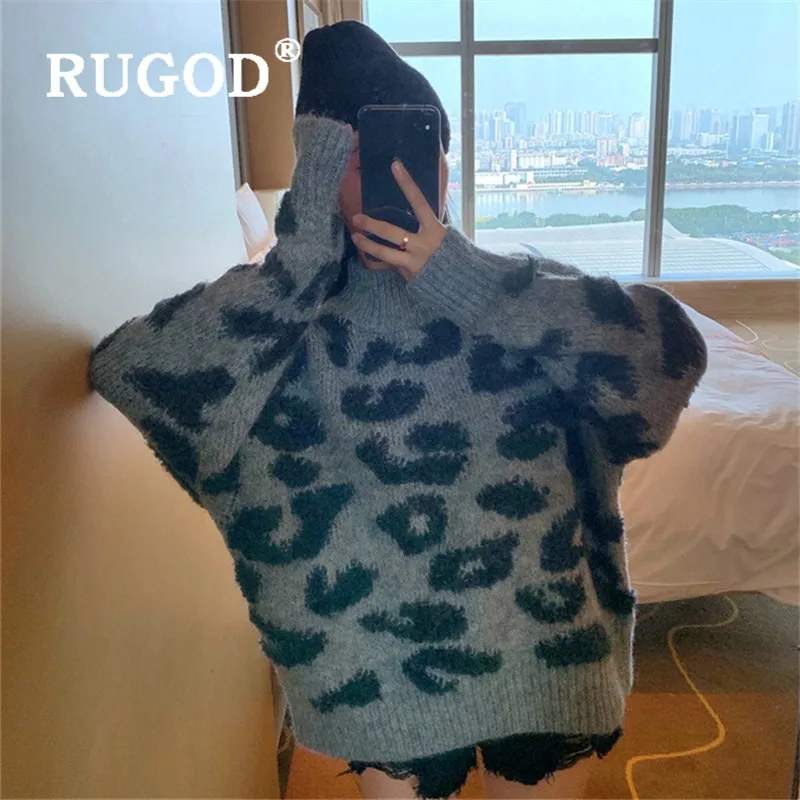 Женские свитера RUGOD, зима, Леопардовый узор, негабаритный вязаный пуловер с круглым вырезом, свободный Толстый Пуловер, корейский модный Повседневный Топ