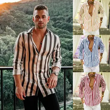 

Brand New Men Cotton Linen Long Sleeve Summer Striped Shirts Men Flax Casual Loose Summer Tops Outfits 4 Colors