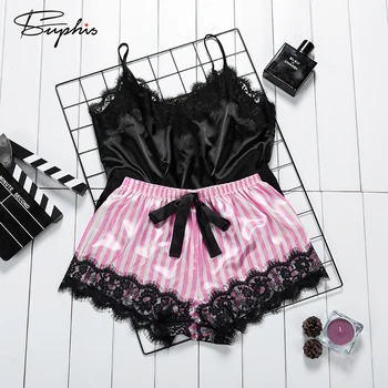 

Suphis Satin Black Camis Top With Bow Stripe Shorts Sleepwear Women Pajama Set Sexy Lace Summer Pink Silk Nightwear Ladies 2020