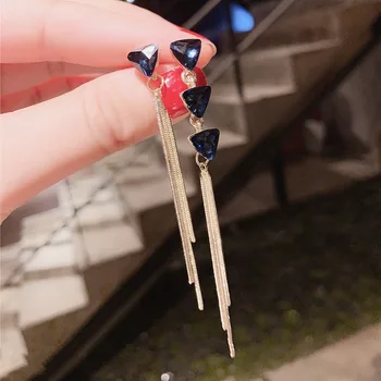 

Luxury Brand Long Chain Blue Crystal Drop Earrings For Women Big Geometry Triangle Korean Earring Wedding Fashion Jewelry 2020