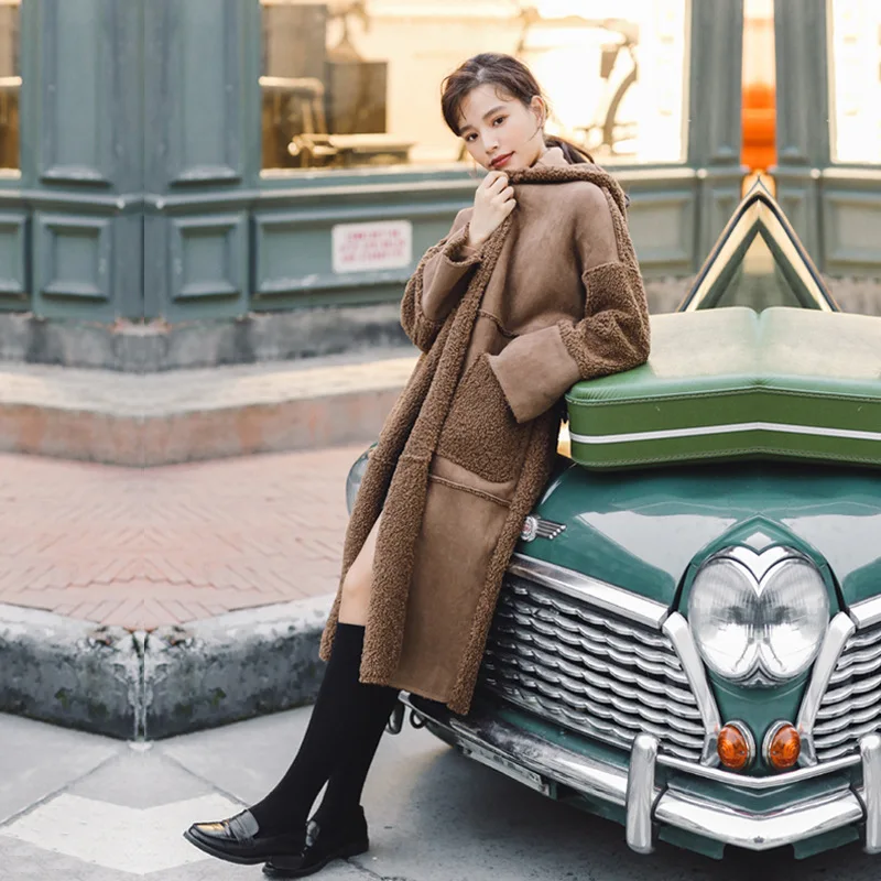 

2019 Autumn And Winter Lambs Wool Joint Suede Overcoat Women's Loose-Fit Hooded Mid-length Cotton Overcoat