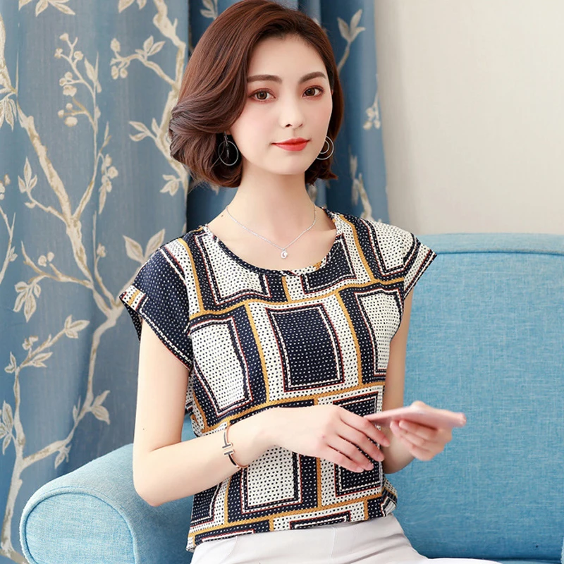 2021 o Pescoço Tamanho Grande Mulheres Chiffon Blusa Verão Batwing Manga Camisas Curta Impresso Casual Senhoras Topos Bluzka Damska 3 Blusas e Camisas