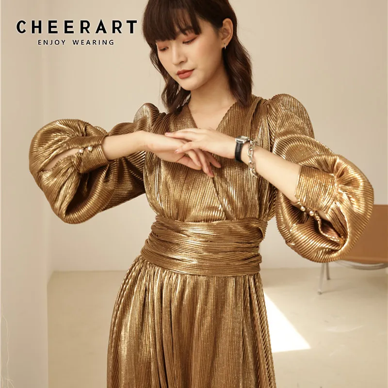 Элегантное Золотое Платье CHEERART с v образным вырезом плиссированное Длинное Макси