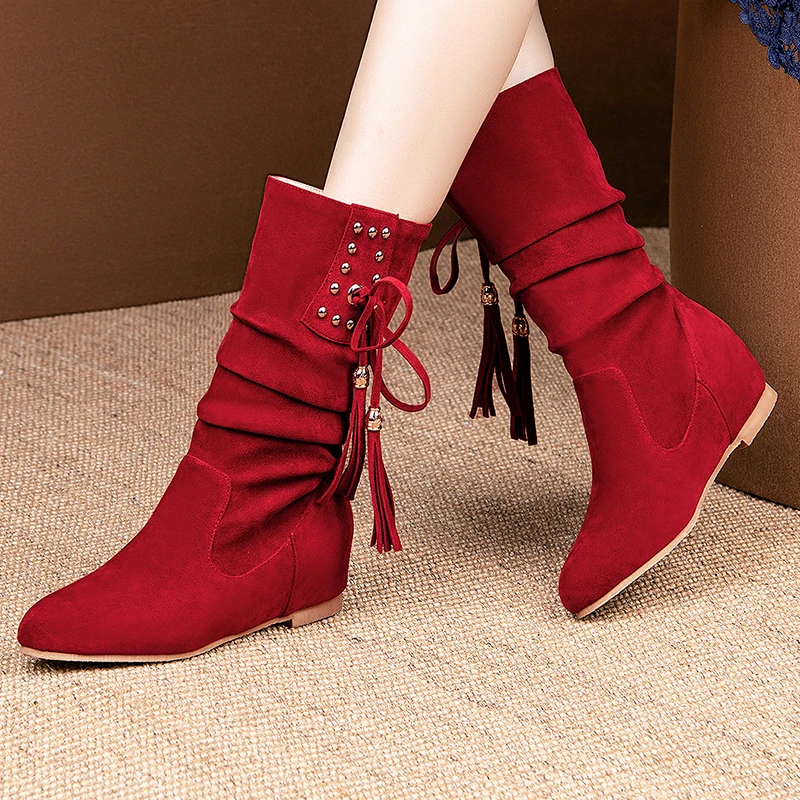 SJJH Women Tassel Mid-Calf Boots with Round Toe Wedges Pleated Short Plush Boots Fashion Casual Shoes Large Size E003