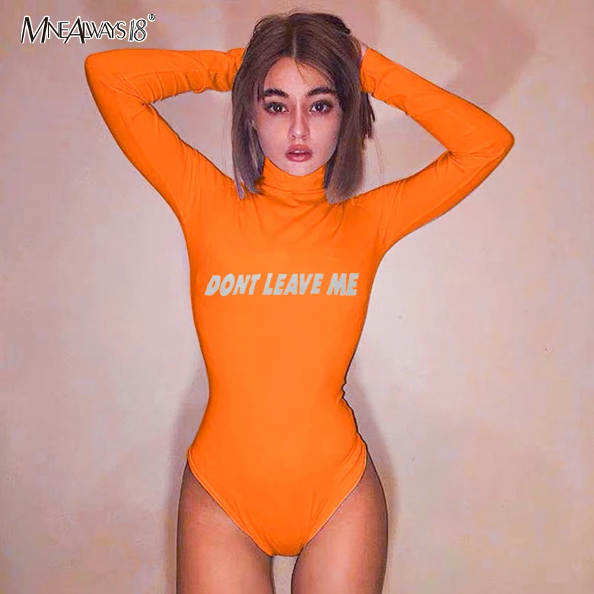 Mnealways18 Светоотражающие боди с воротником-хомутом и буквенным принтом, оранжевый облегающий сексуальный комбинезон для женщин, белый хлопковый комбинезон, осень