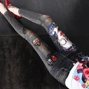 

European Street Jeans Woman 2019 Spring and Autumn New Embroidery Slim Girls Denim Pants Vaqueros De Mujer Spodnie Damskie