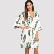 Tropical Plant Print Robe V Neck Belted Women Half Sleeve Sleepwear Elegant Satin Dressing Gown Bathrobe Home Pajamas