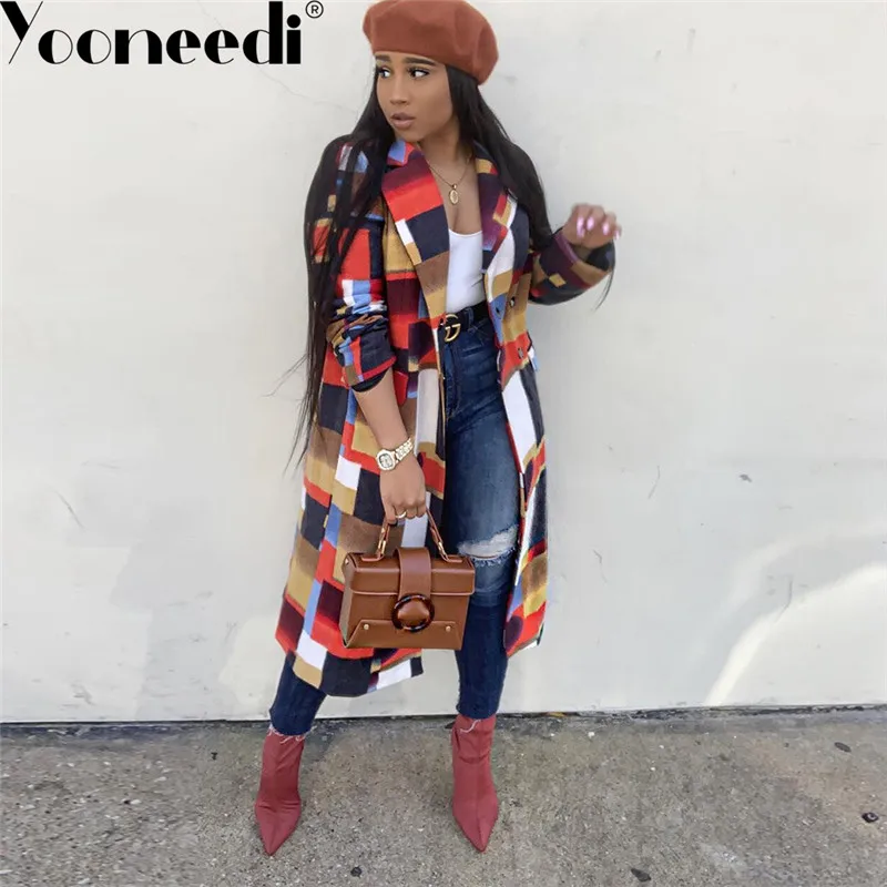 Yooneedi Winter Design Streetwear Plus Size Women Coats Color Plaid Turn-down Collar Full Sleeve X-Long Outwear WDS3498 - Color: Multi