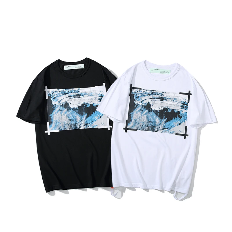 Граффити волна Картина маслом 19ss Off-White OW Мужчины/Женщины парные влюбленные модели хлопок Мода Круглый вырез короткий рукав Футболка