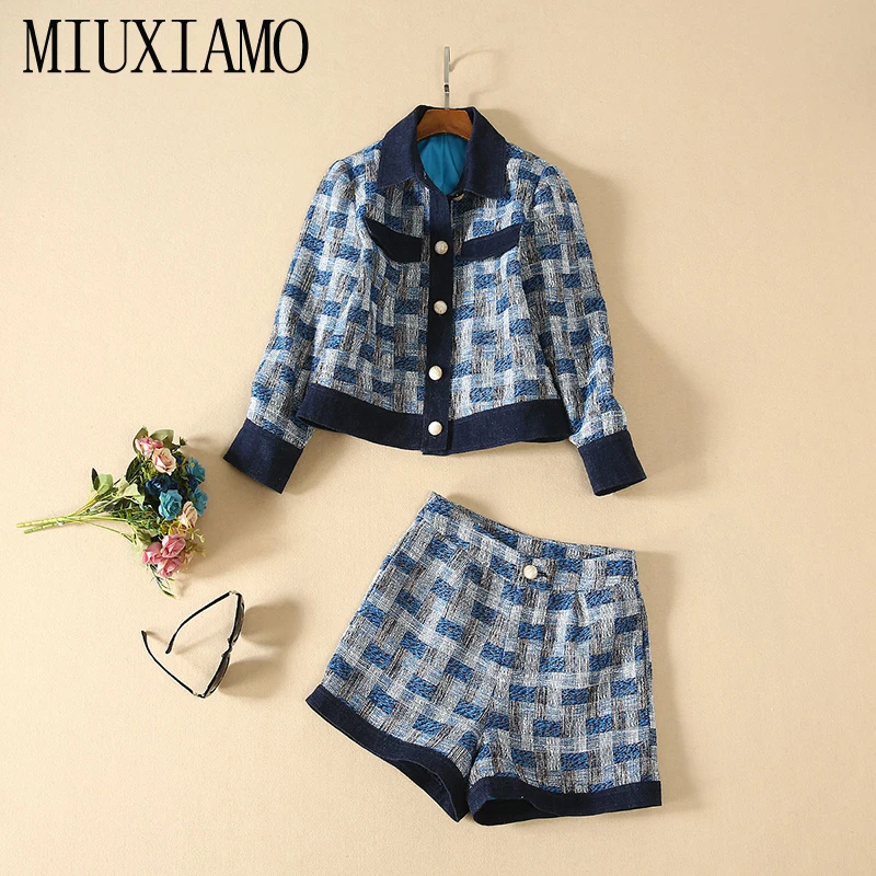 MIUXIMAO, лучшее качество, осень, офисный женский костюм-двойка, элегантный топ с длинным рукавом, твидовый пиджак+ шорты, костюмы для женщин, Vestidos