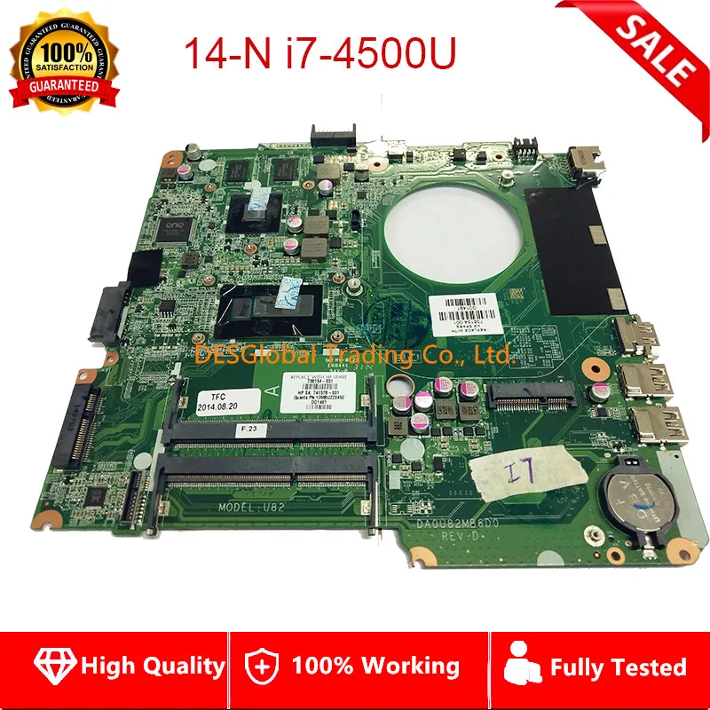 

738154-001 741578-001 U82 For Pavilion 14n 14-N Laptop Motherboard DA0U82MB6D0 Mainboard I7-4500U SR16Z N14P-GV2-S-A Fully Test
