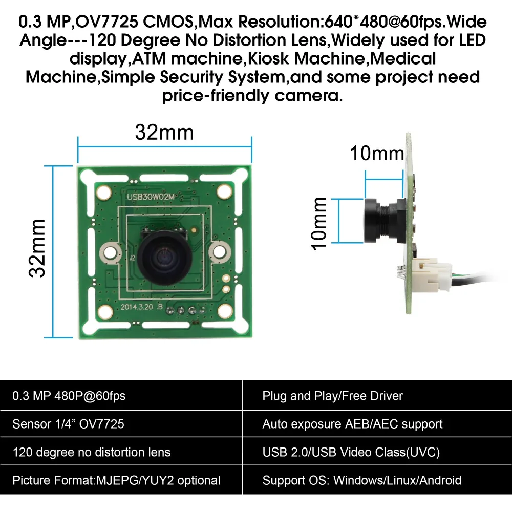120 градусов широкоугольный UVC Plug and play Mini CMOS OV7725 Модуль камеры 32*32/26*26 мм высокоскоростной 60 кадров в секунду usb 2,0 модуль веб-камеры