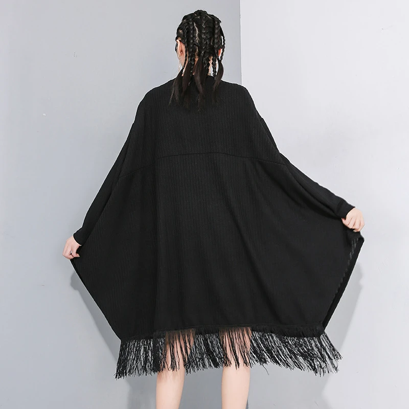 Black QING MO, черный и серый цвета, женские пуловеры, толстовка,, Женская толстовка с рукавом "летучая мышь", с кисточками, Женская толстовка, ZQY2727 - Цвет: Black