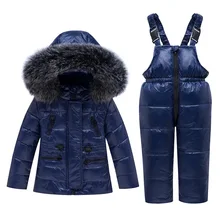 Зимние комплекты одежды для детей до-30 градусов пуховое пальто с меховым воротником+ комбинезон, Детский Теплый зимний комбинезон для девочек и мальчиков, От 1 до 5 лет