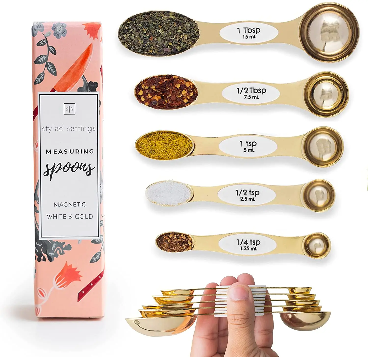 White & Gold Measuring Spoons Set, Stainless Steel Measuring