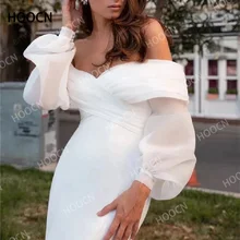 

HERBURNL Puffy Sleeve Mermaid Wedding Dresses Criss-Cross Pleat Chiffon Simple Bridal Gown Sweep Train Sexy Off The Shoulder
