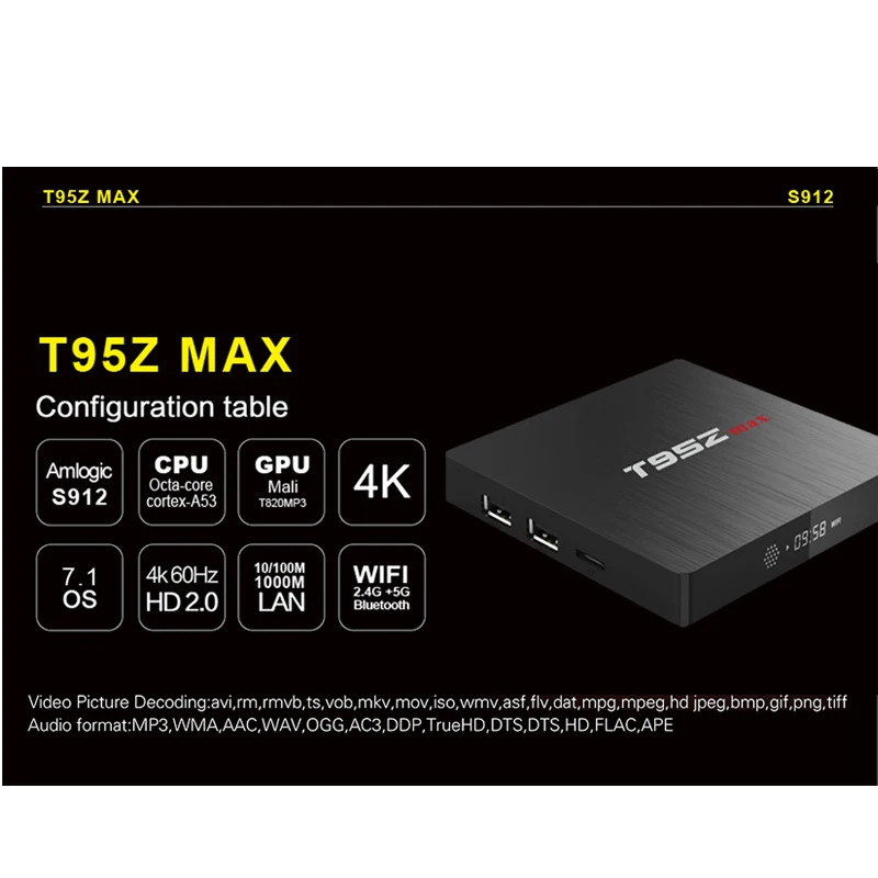 

T95Z MAX Android 7.1 TV Box DDR3 3G 32G Amlogic S912 64 bit Octa core WIFI Bluetooth 4.0 1000M LAN Media Player Ott Media Player