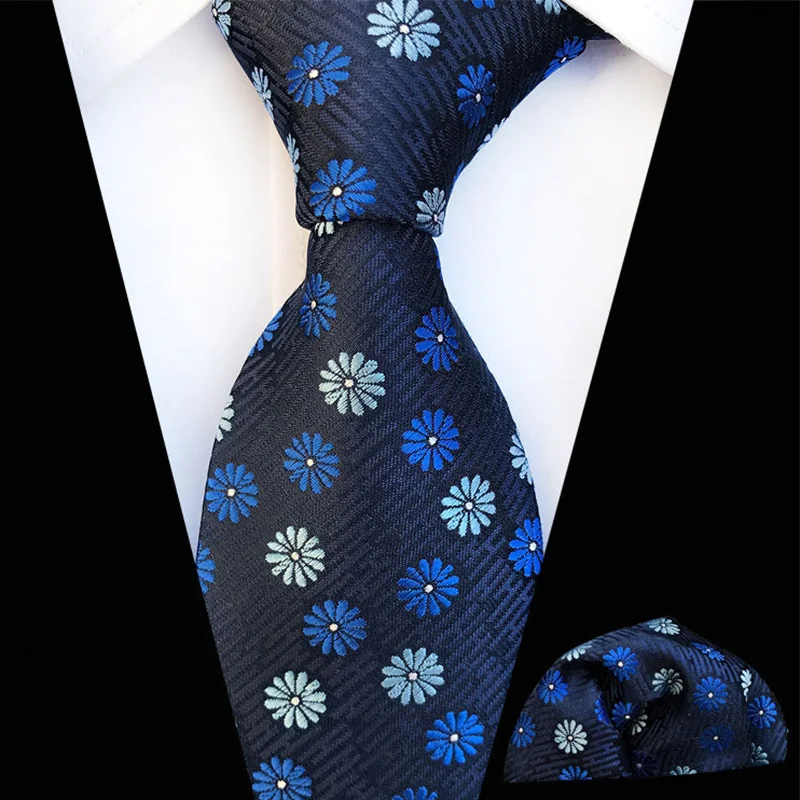 Fashion 8cm Silk Tie Set Green Bule Floral Striped Jacquard Pocket Square Necktie For Men Business Party Handkerchief Neck Ties