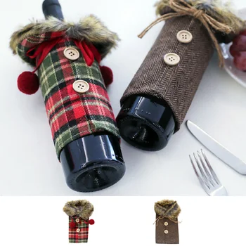 

Newest Cute Christmas Coat Wine Bottle Cover Fur Collar Button Champagne Bottle Cover Xmas Party Decorations Bottles Covers 2019