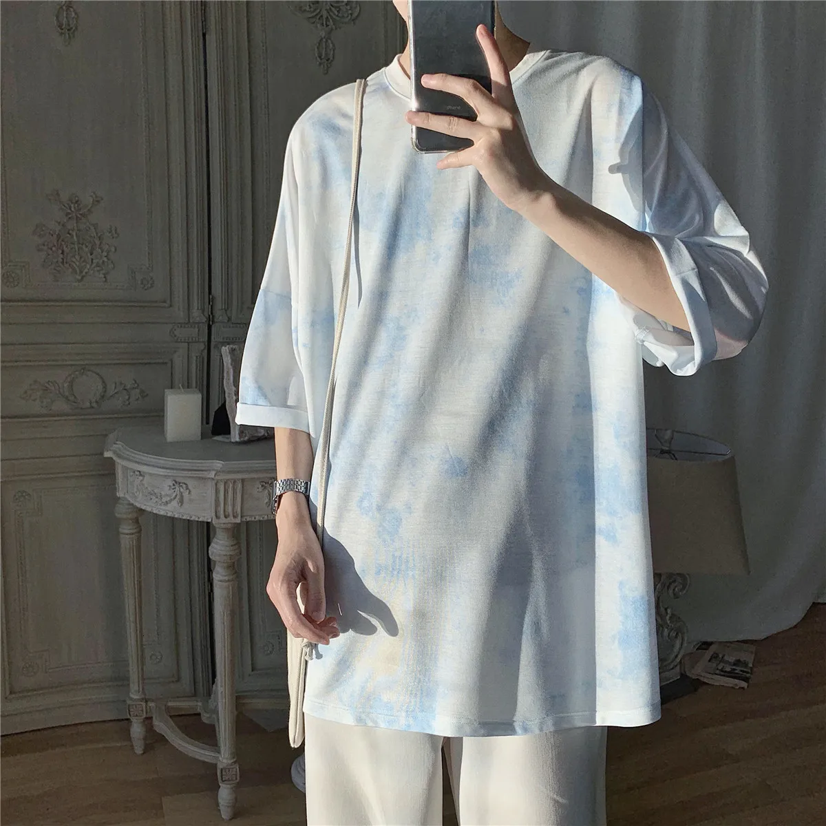 Летняя мужская модная футболка с принтом Tie Dye, повседневная камуфляжная футболка с круглым вырезом, Мужская Уличная свободная футболка в стиле хип-хоп, мужские топы - Цвет: skyblue