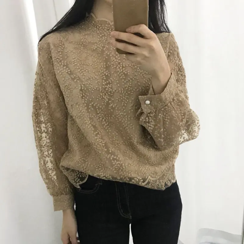 RICININA, женские блузки и топы, длинный рукав, Круглый ворот, оборки, однотонная кружевная блузка, Весенняя Повседневная Элегантная блузка, женские рубашки
