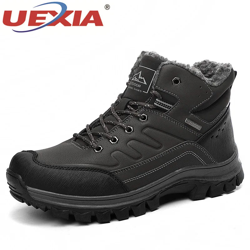 UEXIA New Winter Plush Fur Snow Boots Shoes Supper Warm Men's Sneakers Footwear Fashion Outdoor Ankle Outdoor sport Casual - Цвет: gray