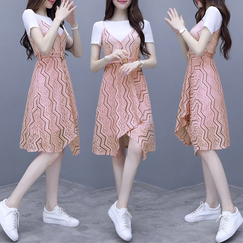 

Fashion Lace Splicing Dress Women's 2019 Summer Wear New Style France Small zhong yang Elegant Immortal Sweet Two-Piece Set