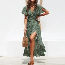 Robe de soirée en mousseline de soie pour femmes, tenue maxi, imprimée floral, style boho, longue, avec volants, portefeuille, col en v, sexy, pour l'été 