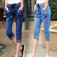 Летние Стрейчевые джинсы большого размера, женские укороченные брюки с карманами, винтажные женские джинсы на шнуровке, повседневные женские штаны-шаровары C5523